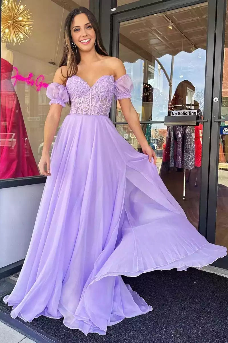 Charming A-line bubble sleeves, chiffon heart-shaped neckline, tight corset, lace applique, back tie, Prom Dresses